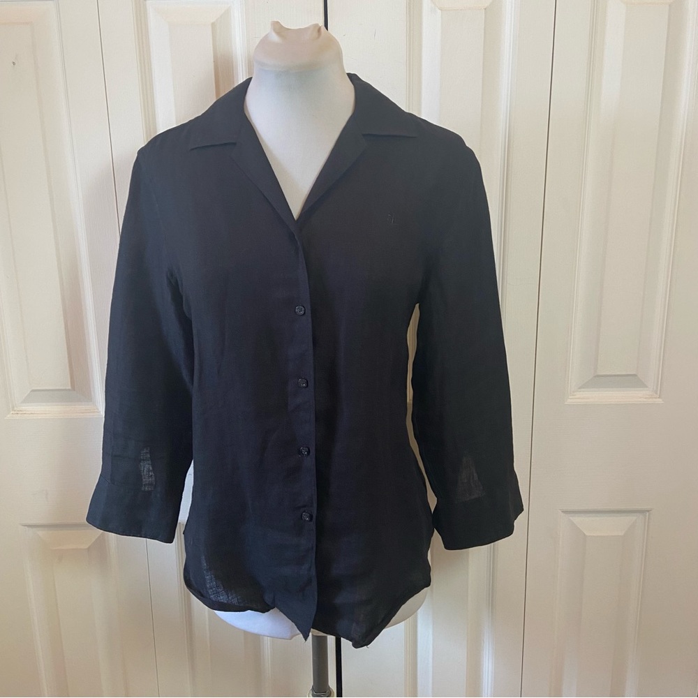 Black Linen Button Down Blouse Shirt Top by Lauren Ralph Lauren sz Medium Petite
